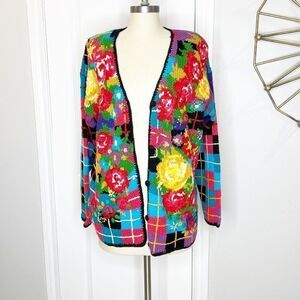 Vintage Floral Cardigan Knit Sweater Casual Corner Size M Cotton Pink Blue Black